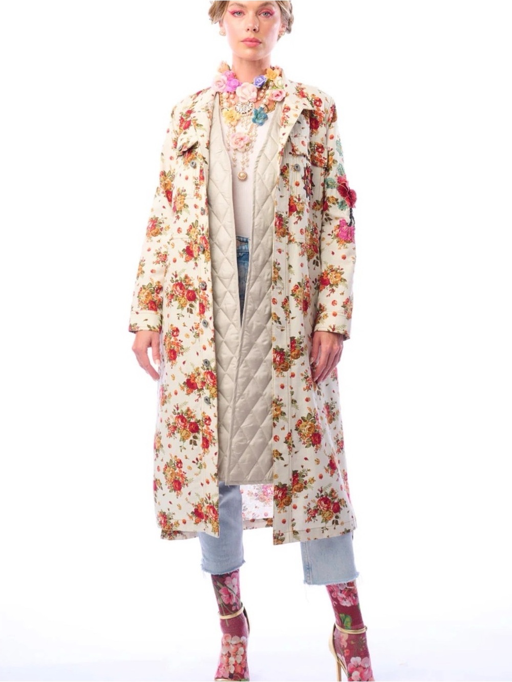 Aratta Cara Delvigne Coat-Floral Quilted Duster Coat / Jacket - Picture 4 of 10